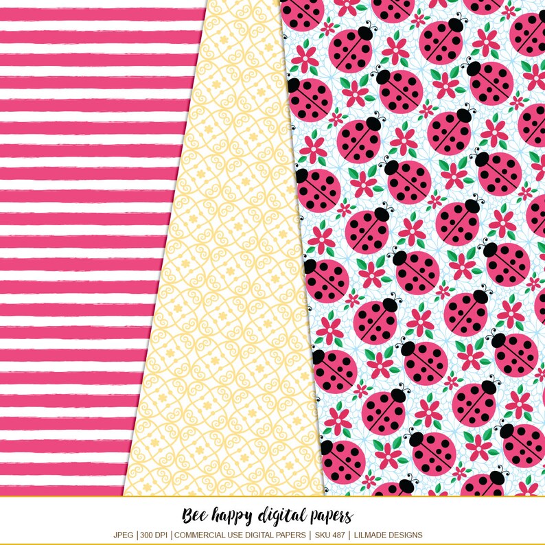 Puede incluir: Tres dise&ntilde;os de papel digital: rayas horizontales rosas, un patr&oacute;n amarillo adornado y un patr&oacute;n de mariquitas con mariquitas rosas y flores sobre un fondo azul claro. El texto "Bee happy digital papers" est&aacute; en la parte inferior.