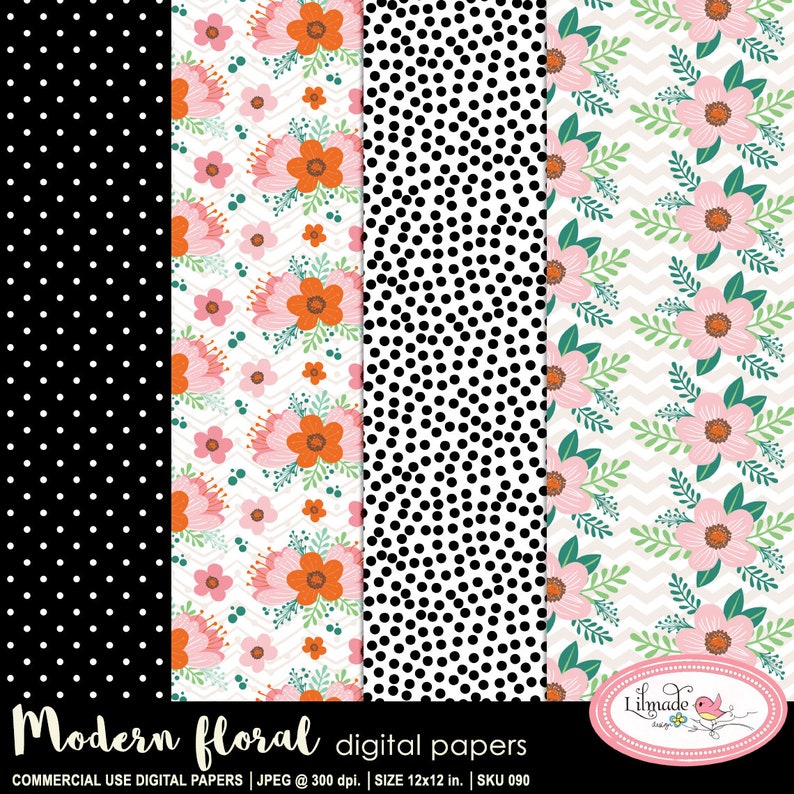 K&ouml;nnte beinhalten: Drei digitale Papierdesigns mit einem floralen Muster mit rosa und orangefarbenen Blumen, einem schwarz-wei&szlig;en Tupfenmuster und einem rosa-gr&uuml;nen Blumenmuster mit einem Chevron-Hintergrund. Der Text "Modern floral digital papers" befindet sich am unteren Rand des Bildes.