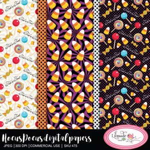May include: Three digital paper designs featuring Halloween candy and the text "Trick or Treat". The first design features a white background with candy corn, lollipops, and the text "Trick or Treat". The second design features a purple background with candy corn and a black and white striped pattern. The third design features a black background with candy corn, lollipops, and the text "Trick or Treat" on a white polka dot background.