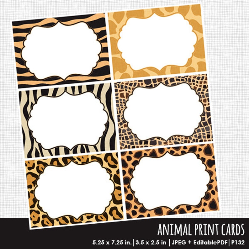Op de afbeelding: Zes afdrukbare kaarten met dierenprintontwerpen. Elke kaart heeft een wit kader met een gegolfde rand. De ontwerpen omvatten zebra-, giraffe-, luipaard- en cheetahprints. De kaarten zijn 5,25 inch bij 7,25 inch en 3,5 inch bij 2,5 inch.