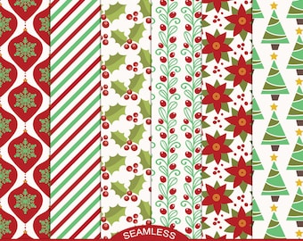 May include: A collection of seamless Christmas patterns. Designs include red ornaments with snowflakes, red and green stripes, holly leaves, red berries, poinsettias, and Christmas trees. The text at the bottom reads "SEAMLESS LAYERED CHRISTMAS PATTERNS".