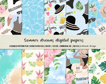 Summer Beach Digital Paper, Seamless Tropical Backgrounds (Digital Download)