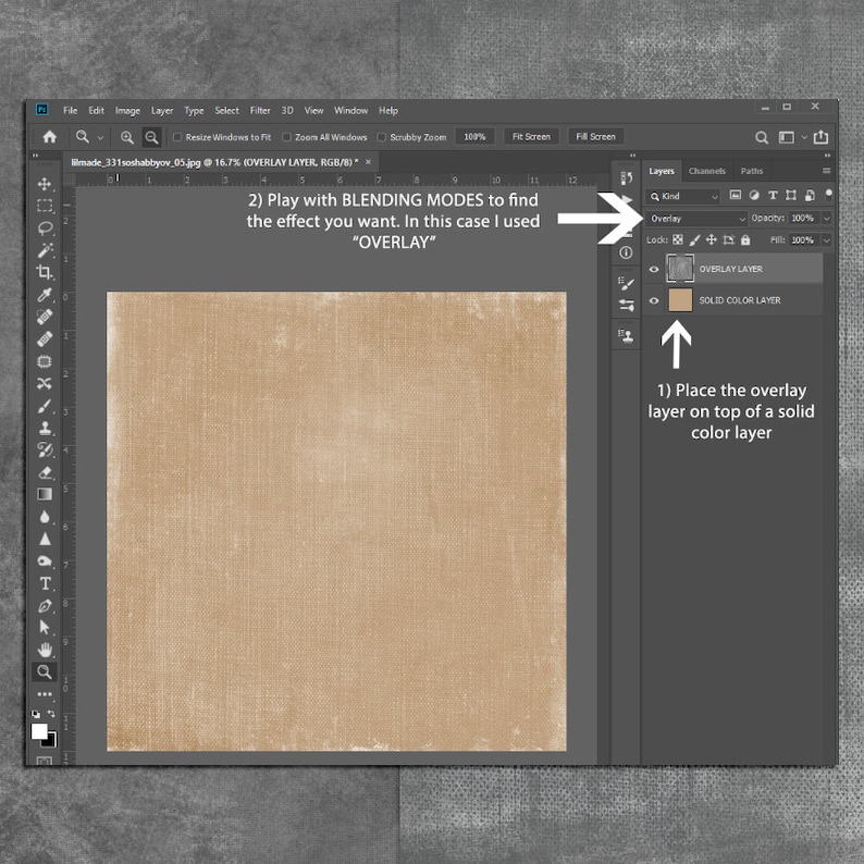 May include: A screenshot of a computer screen showing a digital image editing program. The image is a beige textured overlay layer on top of a solid color layer. The text on the screen reads "Play with BLENDING MODES to find the effect you want. In this case I used "OVERLAY""