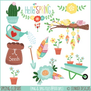 Peut inclure: Un ensemble d'images clipart color&eacute;es sur le th&egrave;me du printemps, comprenant un cactus, un arrosoir, un sac de graines, une pelle, une plume, une fleur, un nid d'oiseau avec deux oiseaux, une branche avec des feuilles, une brouette et un pot de fleurs. Le texte "Hello SPRING" est &eacute;galement inclus dans l'image.