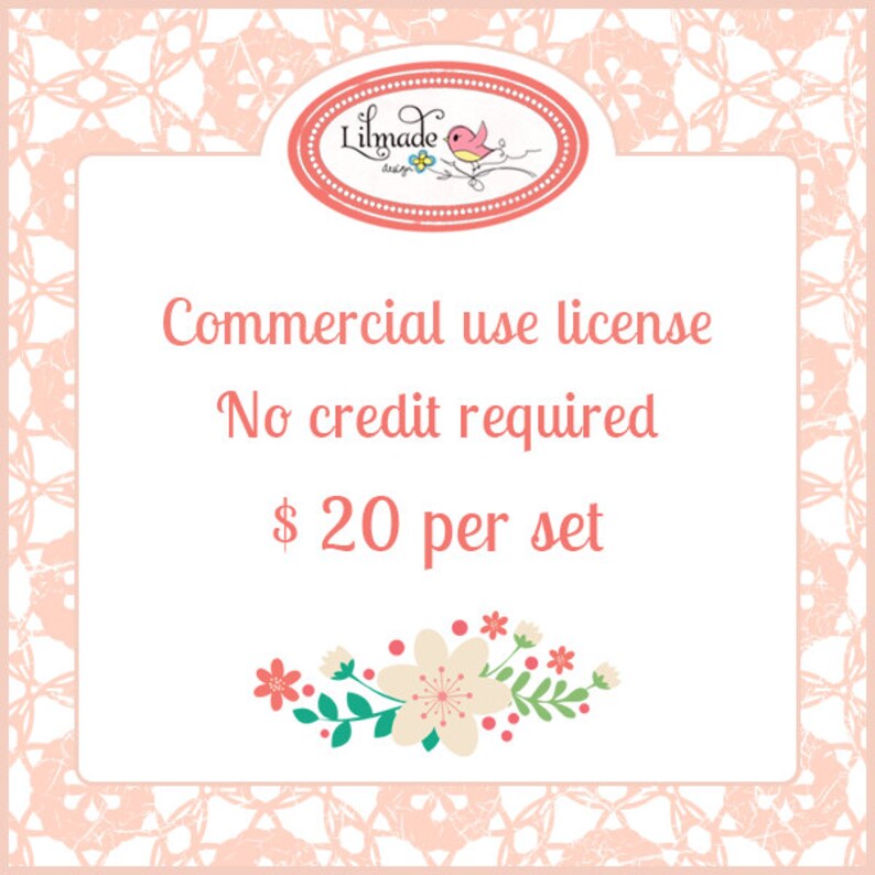 May include: A white background with a pink floral pattern and a white rectangle containing text. The text reads "Commercial use license, No credit required." A floral design is at the bottom, and a logo is at the top.