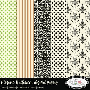 May include: Four digital paper patterns for Halloween. The patterns include green polka dots on a light green background, orange and white stripes, a black and white damask pattern, and black polka dots on a cream background.
