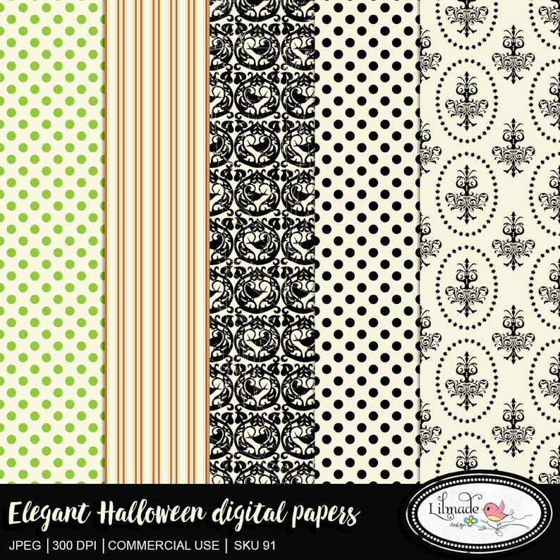 May include: Four digital paper patterns for Halloween. The patterns include green polka dots on a light green background, orange and white stripes, a black and white damask pattern, and black polka dots on a cream background.