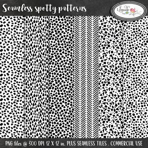 Op de afbeelding: Een digitale afbeelding met een verzameling naadloze zwart-witte stippenpatronen. De patronen omvatten onregelmatige vlekken, een visgraatpatroon en geometrische vormen. De tekst "Seamless spotty patterns" staat bovenaan.