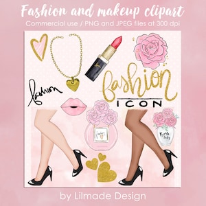 May include: A digital illustration of fashion icons, including a pair of legs in black heels, a lipstick, a heart-shaped necklace, a perfume bottle, and the word "fashion" in gold glitter lettering.