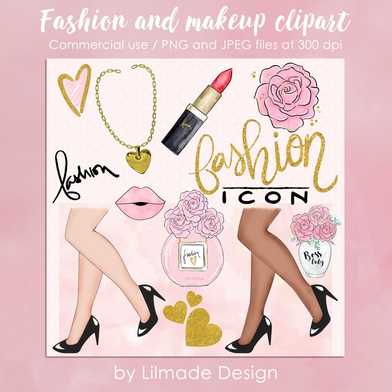May include: A digital illustration of fashion icons, including a pair of legs in black heels, a lipstick, a heart-shaped necklace, a perfume bottle, and the word "fashion" in gold glitter lettering.