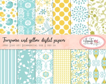 Turquoise and yellow digital papers featuring floral and geometric whimsical backgrounds for baby announcement, stationery, crafts, P28