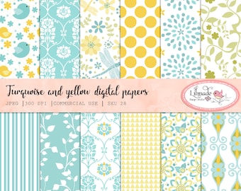 Turquoise and Yellow Floral Digital Paper, Whimsical Backgrounds (Digital Download)