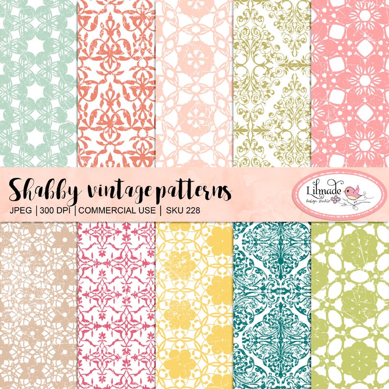 May include: Set of 10 digital paper patterns featuring shabby chic vintage designs in various colors, including green, red, pink, yellow, and blue. The patterns are perfect for scrapbooking, card making, and other crafting projects. JPEG | 300 DPI | COMMERCIAL USE | SKU 228