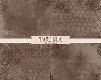 May include: A digital paper pack with four different brown textured backgrounds. The backgrounds feature a variety of patterns, including a grid, a floral design, and a damask pattern. The text "ARTSY MESS OVERLAYS" is written in white on a white ribbon across the top of the image. The text "@Lilmade Design" is written in white below the ribbon.