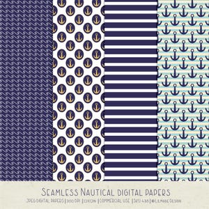 May include: Four digital paper designs in a nautical theme. The designs include a white background with navy blue waves, a white background with gold anchors, a white and navy blue striped pattern, and a white background with blue and green anchors on a striped background.