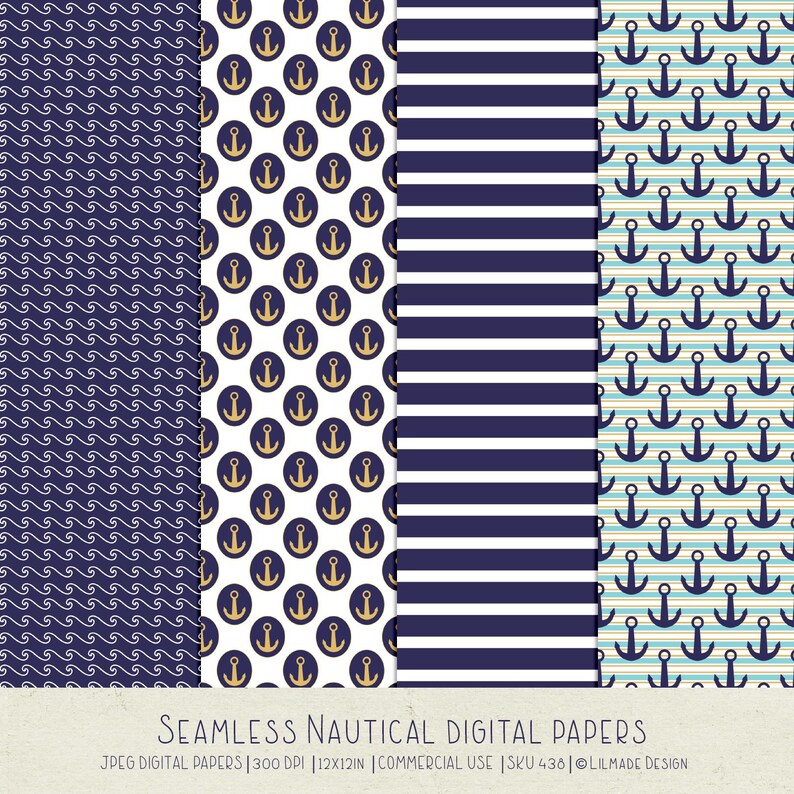 May include: Four digital paper designs in a nautical theme. The designs include a white background with navy blue waves, a white background with gold anchors, a white and navy blue striped pattern, and a white background with blue and green anchors on a striped background.