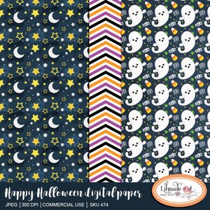 May include: Digital paper set with Halloween-themed patterns. Includes designs with moons and stars, a chevron pattern, and ghosts with candy corn. The text "Happy Halloween digital paper" is displayed at the bottom.