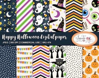 Halloween Digital Paper Pack, Ghost, Witch Hat Patterns (JPEG)