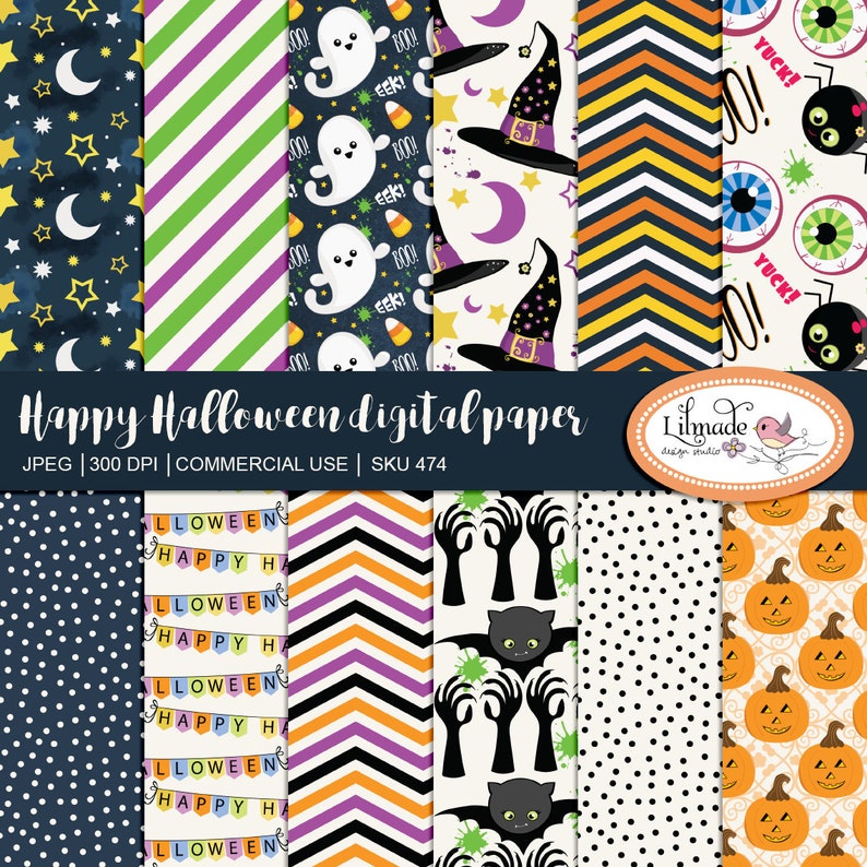 May include: A collection of Halloween-themed digital papers. Designs include ghosts, witch hats, pumpkins, and chevron patterns in orange, purple, black, and white. The text "Happy Halloween digital paper" is displayed.