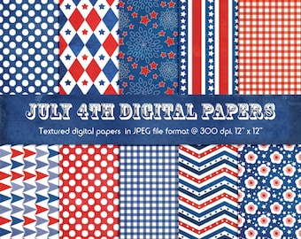Cyfrowe papiery z okazji 4 lipca, patriotyczne wzory do scrapbookingu (do pobrania w wersji cyfrowej)