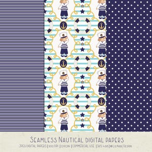 May include: Three seamless digital paper patterns in a nautical theme. The first pattern is navy blue and white stripes. The second pattern features a white background with a repeating pattern of a girl wearing a sailor hat, a life preserver, and stars. The third pattern is navy blue with white polka dots.
