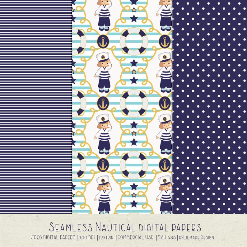 May include: Three seamless digital paper patterns in a nautical theme. The first pattern is navy blue and white stripes. The second pattern features a white background with a repeating pattern of a girl wearing a sailor hat, a life preserver, and stars. The third pattern is navy blue with white polka dots.