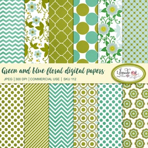 Green Floral Digital Paper Set, Geometric Patterns (Digital Download)
