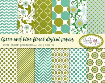 Grünes florales digitales Papier-Set, geometrische Muster (digitaler Download)