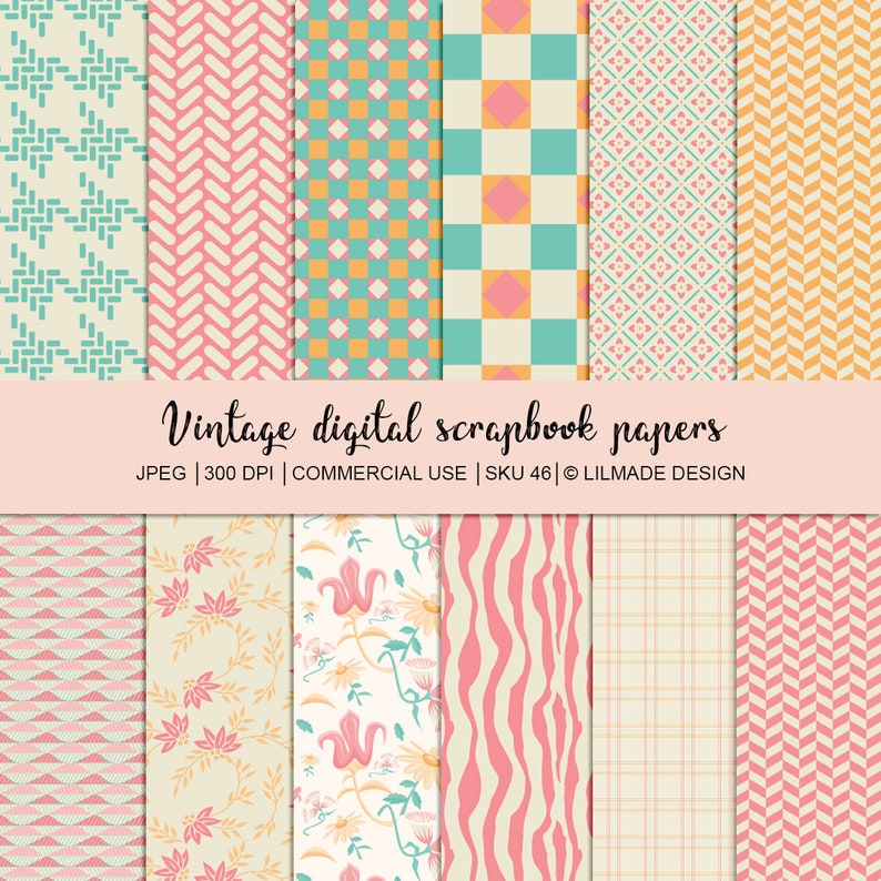 May include: A collection of vintage digital scrapbook papers with various patterns. Designs include geometric shapes, floral prints, and abstract stripes in pastel colors like pink, teal, and yellow. The text "Vintage digital scrapbook papers" is displayed.