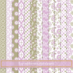May include: Set of 10 digital papers featuring sage green and lavender floral patterns. The patterns include polka dots, dragonfly designs, and floral motifs.