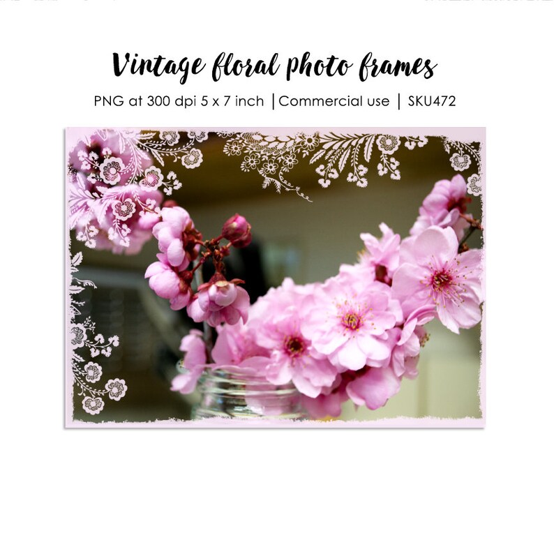 May include: A vintage floral photo frame with a white lace design. The frame is decorated with pink cherry blossoms. The frame is 5 inches by 7 inches and is available for commercial use.