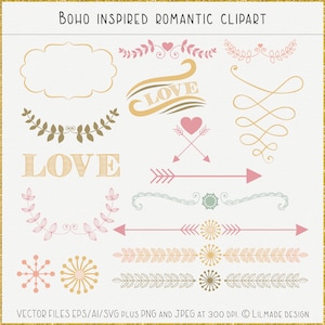 Boho inspired romantic vector clipart, wedding clipart, laurel clipart, heart and arrow clipart, separator clipart, vector frame, P149