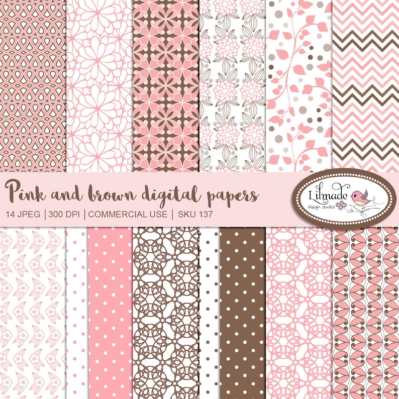 May include: A set of 14 digital papers featuring pink and brown patterns. The patterns include polka dots, floral designs, geometric shapes, and chevron stripes. The text "Pink and brown digital papers" is at the top of the image. The text "14 JPEG | 300 DPI | COMMERCIAL USE | SKU 137" is below the title. The text "Lilmade design studio" is in a circle with a bird illustration.
