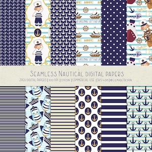 Seamless nautical digital papers, cute sailor girl, blue red nautical, sailboat, coastal, nautical background, sailor kid, P438