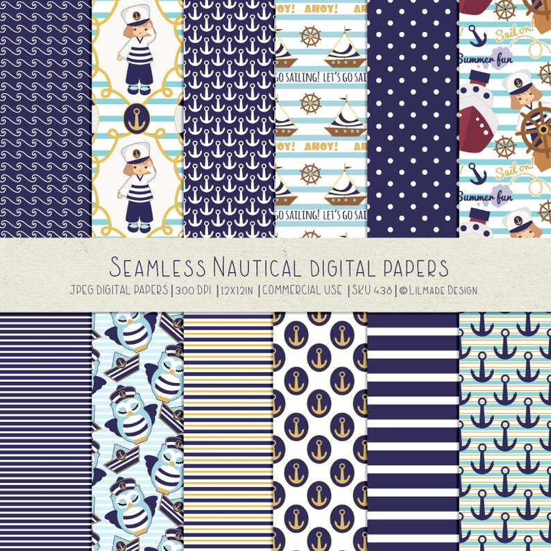 May include: Set of 10 digital papers with nautical themes. The papers feature various patterns, including anchors, stripes, waves, and polka dots. The papers are in blue, white, and gold colors.