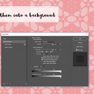 May include: A screenshot of a Photoshop layer style window with the blending options set to "Soft Light" and the opacity set to 100%. The advanced blending options are checked for "Blend Clipped Layers as Group" and "Transparency Shapes Layer". The text "Blend them into a background" is visible at the top of the image.