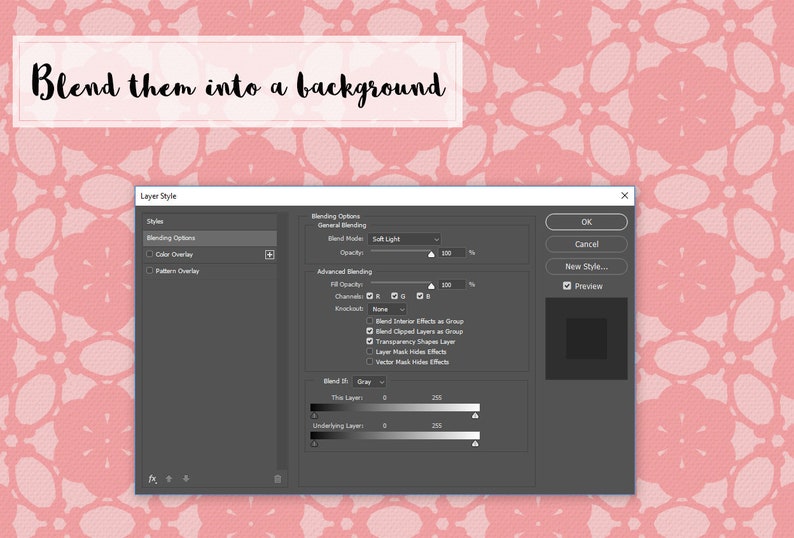 May include: A screenshot of a Photoshop layer style window with the blending options set to "Soft Light" and the opacity set to 100%. The advanced blending options are checked for "Blend Clipped Layers as Group" and "Transparency Shapes Layer". The text "Blend them into a background" is visible at the top of the image.