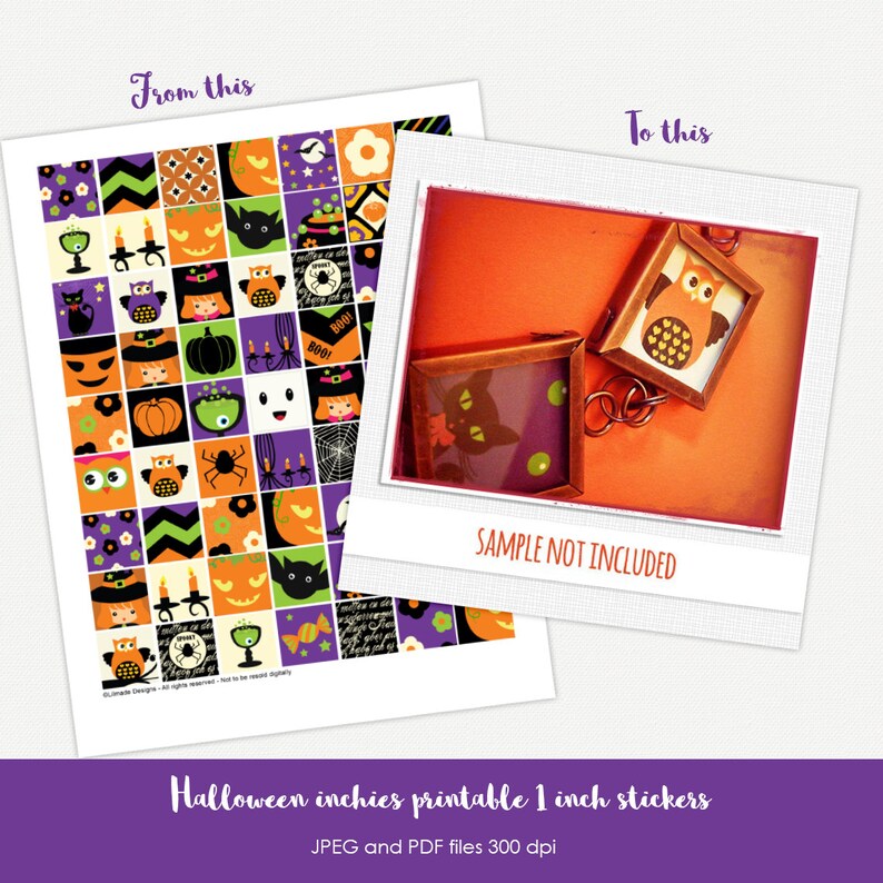 May include: A sheet of Halloween-themed inchies stickers with various spooky designs, including pumpkins, cats, and ghosts. The image also shows two framed examples of the stickers. Text on the image reads "Halloween inchies printable 1 inch stickers".