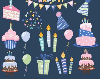 Set di clipart di compleanno, torte, palloncini, numeri (PNG, JPEG, download digitale)