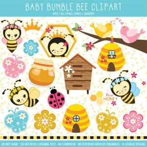 May include: A collection of baby bumble bee clipart illustrations. The image includes bees, honeycombs, flowers, a ladybug, and a jar of honey. The text at the top reads "BABY BUMBLE BEE CLIPART". The image has a white background with yellow polka dots.