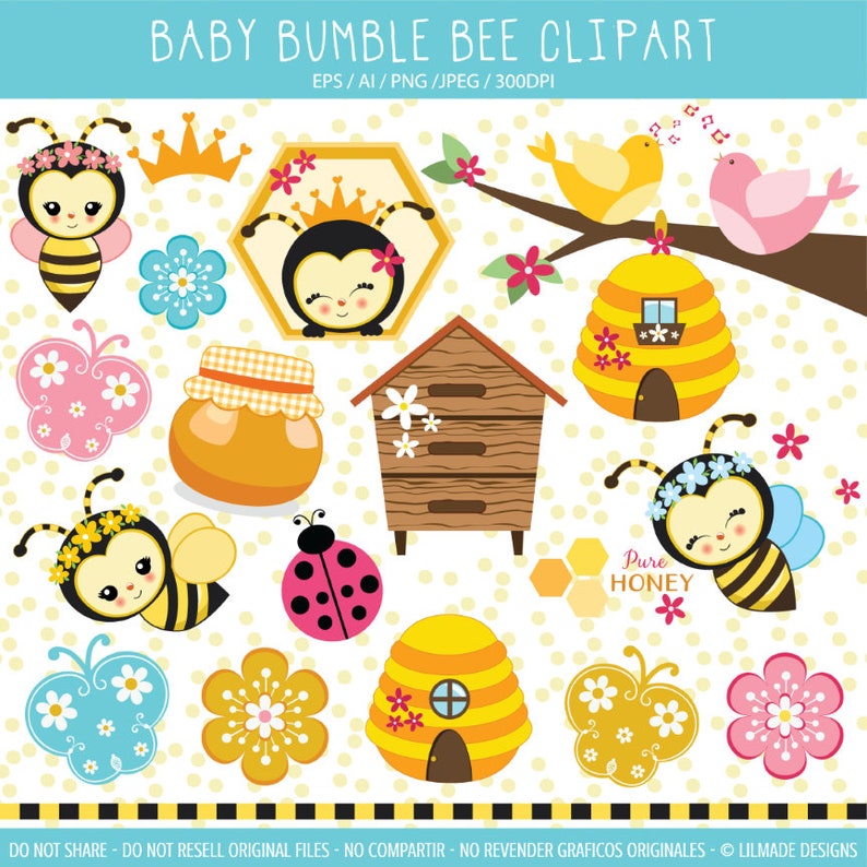 May include: A collection of baby bumble bee clipart illustrations. The image includes bees, honeycombs, flowers, a ladybug, and a jar of honey. The text at the top reads "BABY BUMBLE BEE CLIPART". The image has a white background with yellow polka dots.