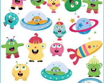 Clipart divertenti di mostri alieni, grafica di razzi spaziali UFO (eps, png, jpeg)
