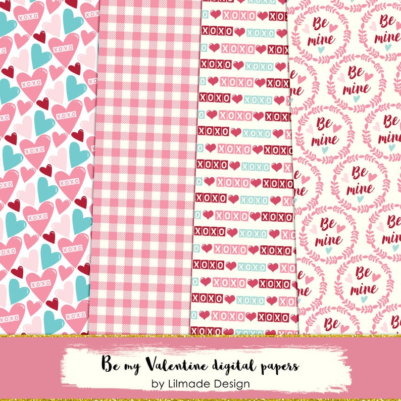 Valentine Digital Paper Pack, Valentine Scrapbook Paper, Patterned