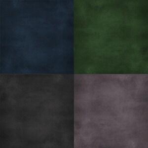 May include: A digital collage of four textured squares in shades of blue, green, gray, and purple.