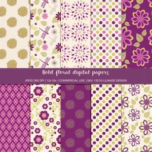 Papier cyfrowy Foral w kolorze fioletowym, kości słoniowej i zielonym z kwiatowymi i geometrycznymi wzorami, idealny do scrapbookingu, planerów, sublimacji P147