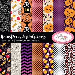 May include: A set of 10 digital papers featuring Halloween themes. The papers include patterns of candy corn, skulls, spiders, pumpkins, and polka dots in orange, black, purple, and white.