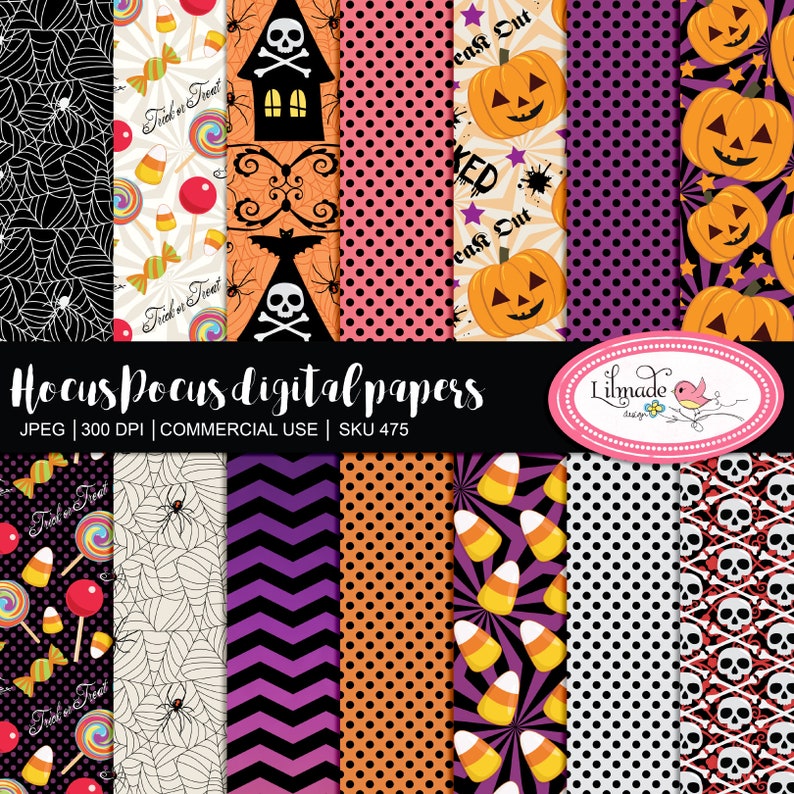 May include: A set of 10 digital papers featuring Halloween themes. The papers include patterns of candy corn, skulls, spiders, pumpkins, and polka dots in orange, black, purple, and white.
