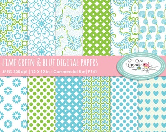 May include: A set of 12 digital papers featuring lime green and blue patterns. The patterns include polka dots, floral designs, and geometric shapes. The papers are 12 inches by 12 inches and 300 dpi.  LIME GREEN & BLUE DIGITAL PAPERS JPEG 300 dpi | 12 X 12 in | Commercial Use | P141 Lilmade