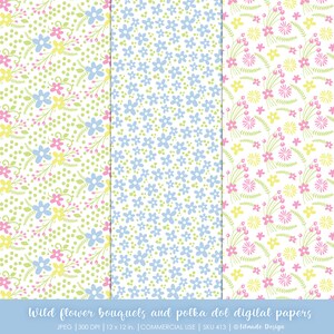 Puede incluir: Tres dise&ntilde;os de papel digital con fondo blanco y diferentes patrones florales. El primer dise&ntilde;o tiene flores rosas, amarillas y azules con hojas verdes y lunares verdes. El segundo dise&ntilde;o tiene flores azules con lunares verdes. El tercer dise&ntilde;o tiene flores rosas, amarillas y verdes con hojas verdes. El texto "Wild flower bouquets and polka dot digital papers" est&aacute; en la parte inferior de la imagen.