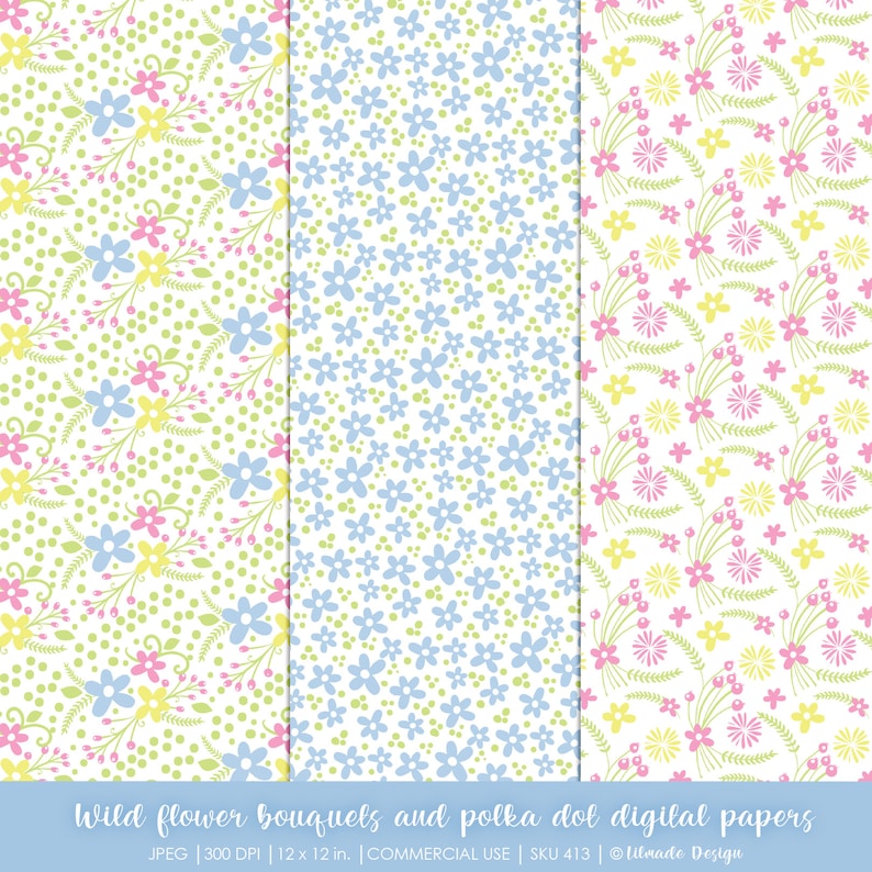 Puede incluir: Tres dise&ntilde;os de papel digital con fondo blanco y diferentes patrones florales. El primer dise&ntilde;o tiene flores rosas, amarillas y azules con hojas verdes y lunares verdes. El segundo dise&ntilde;o tiene flores azules con lunares verdes. El tercer dise&ntilde;o tiene flores rosas, amarillas y verdes con hojas verdes. El texto "Wild flower bouquets and polka dot digital papers" est&aacute; en la parte inferior de la imagen.